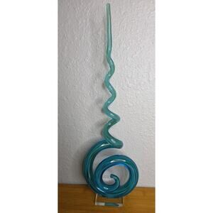 Hand Blown Art Glass Sculpture Blue Ribbon Swirl Abstract 21.5” Tall Murano